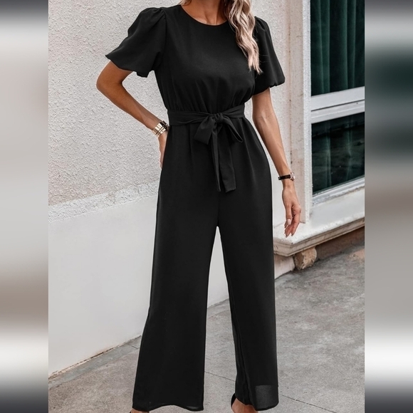prettygarden Pants - Pretty garden Puff Sleeve Wide Leg Belted Black Jumpsuit Size XL